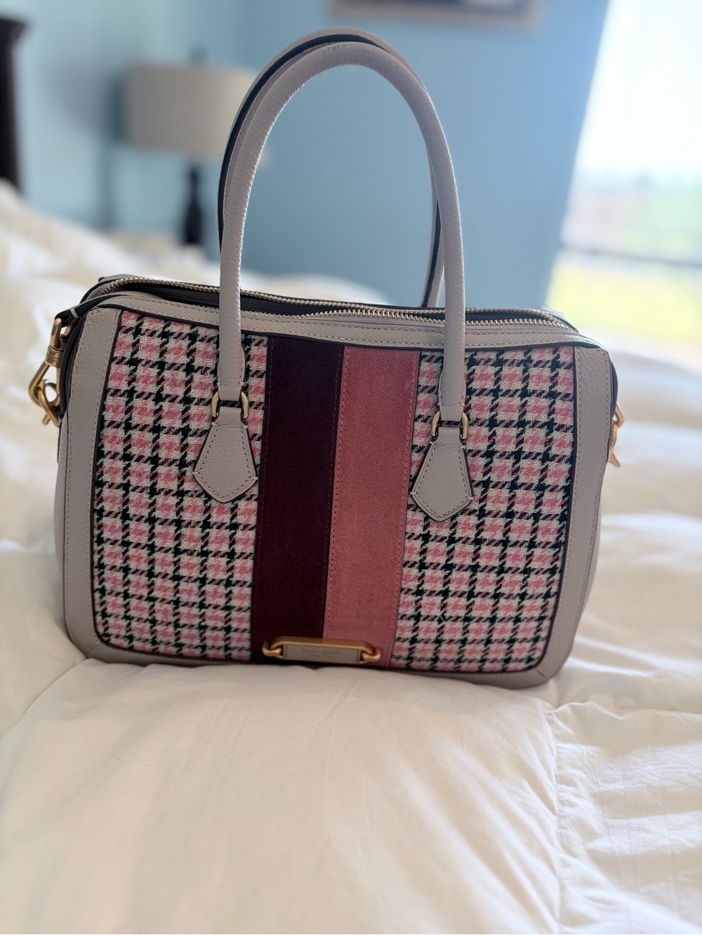 kate spade Gramercy Medium Satchel with Pink Houndstooth Tweed Pattern